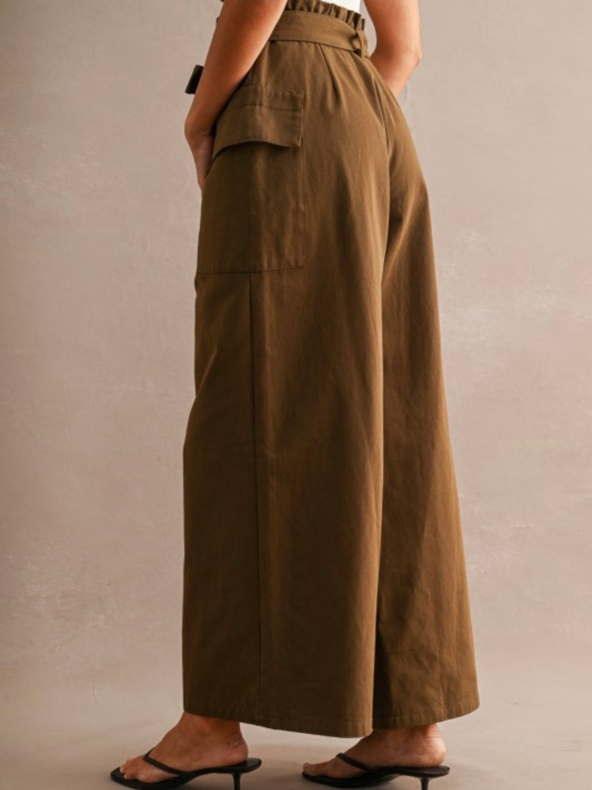 Brown High-wasted wide leg front pleats wrap style side pants