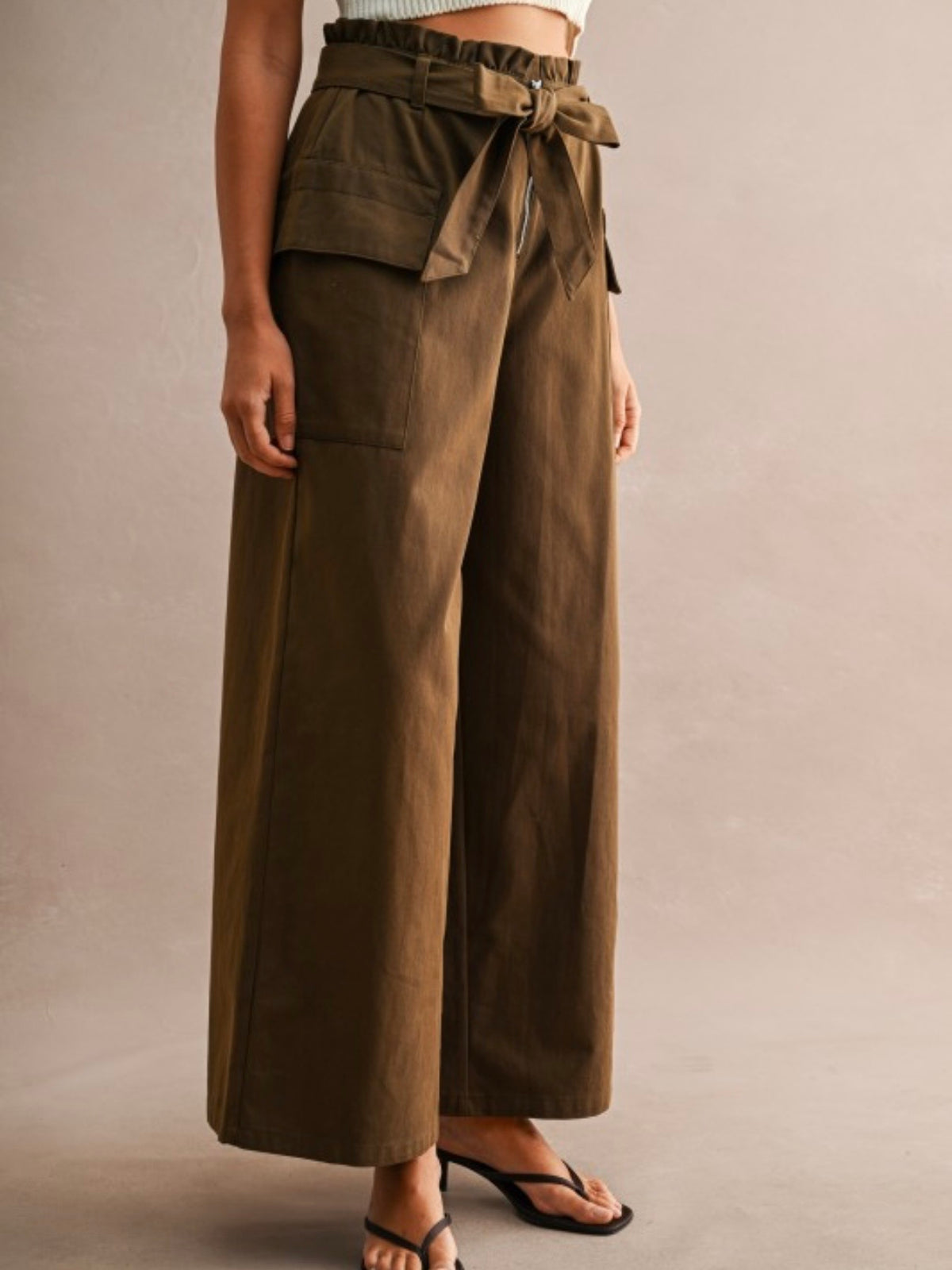 Brown High-wasted wide leg front pleats wrap style side pants