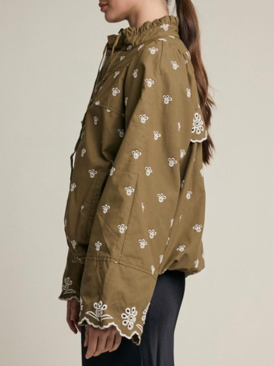 Green olive zipper embroidered details jacket