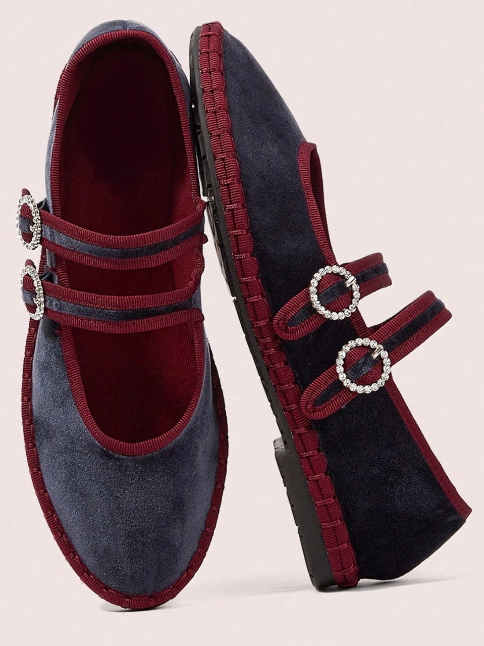 Blue ballet burgundy edges double strap flats shoes