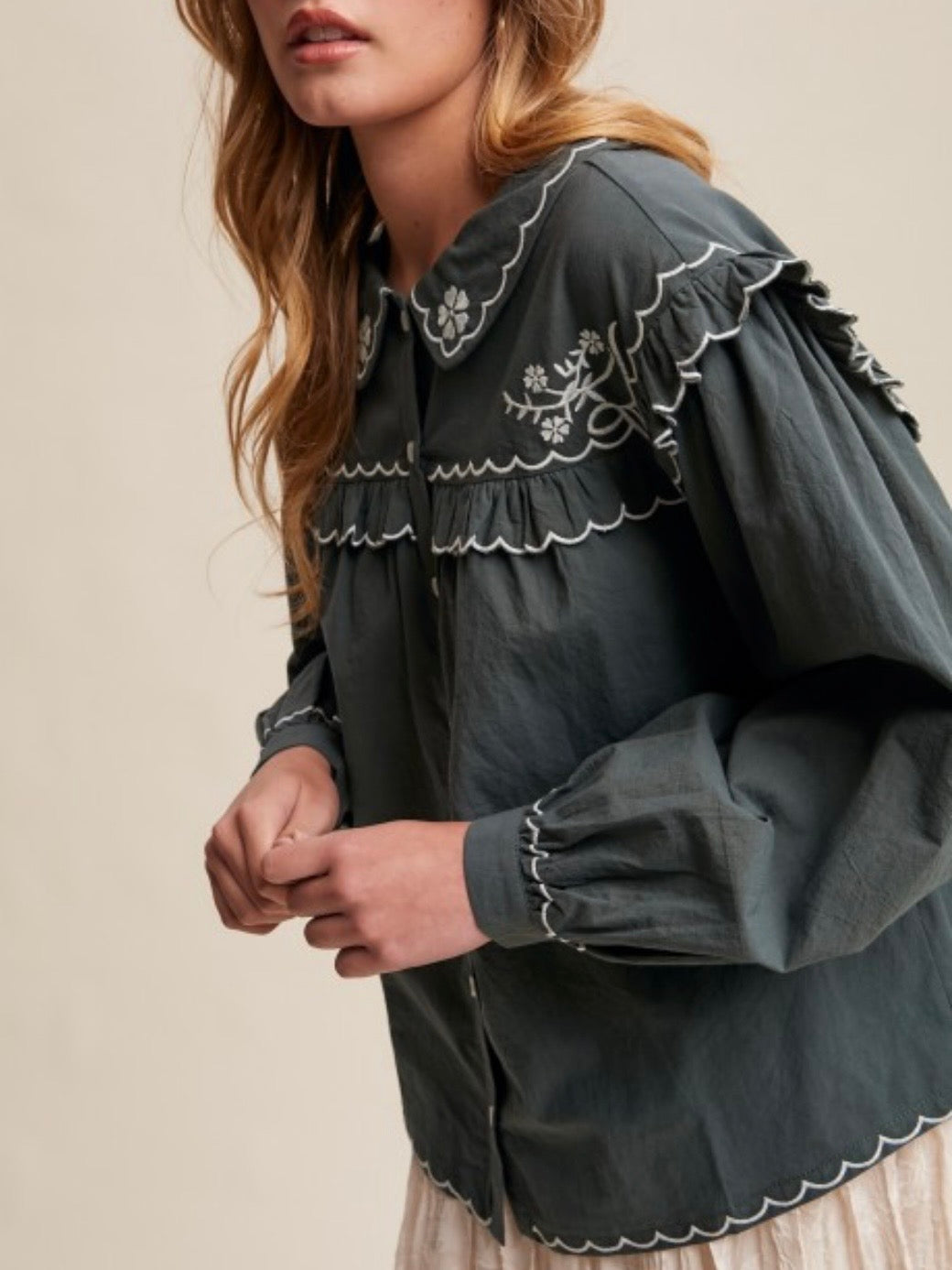 Deep green denim embroidered shirt