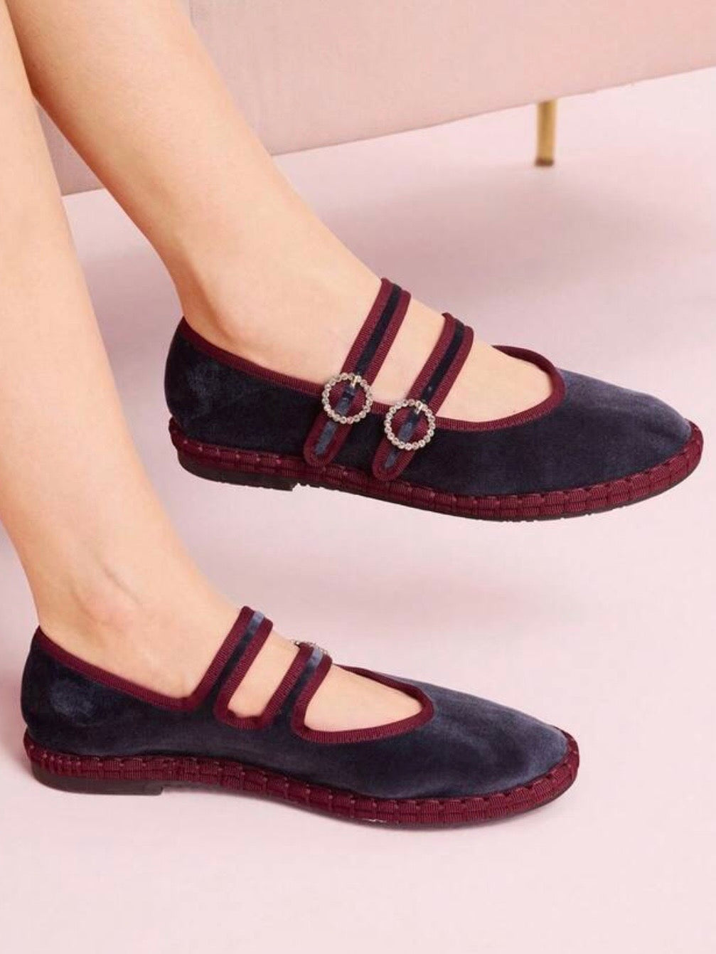 Blue ballet burgundy edges double strap flats shoes