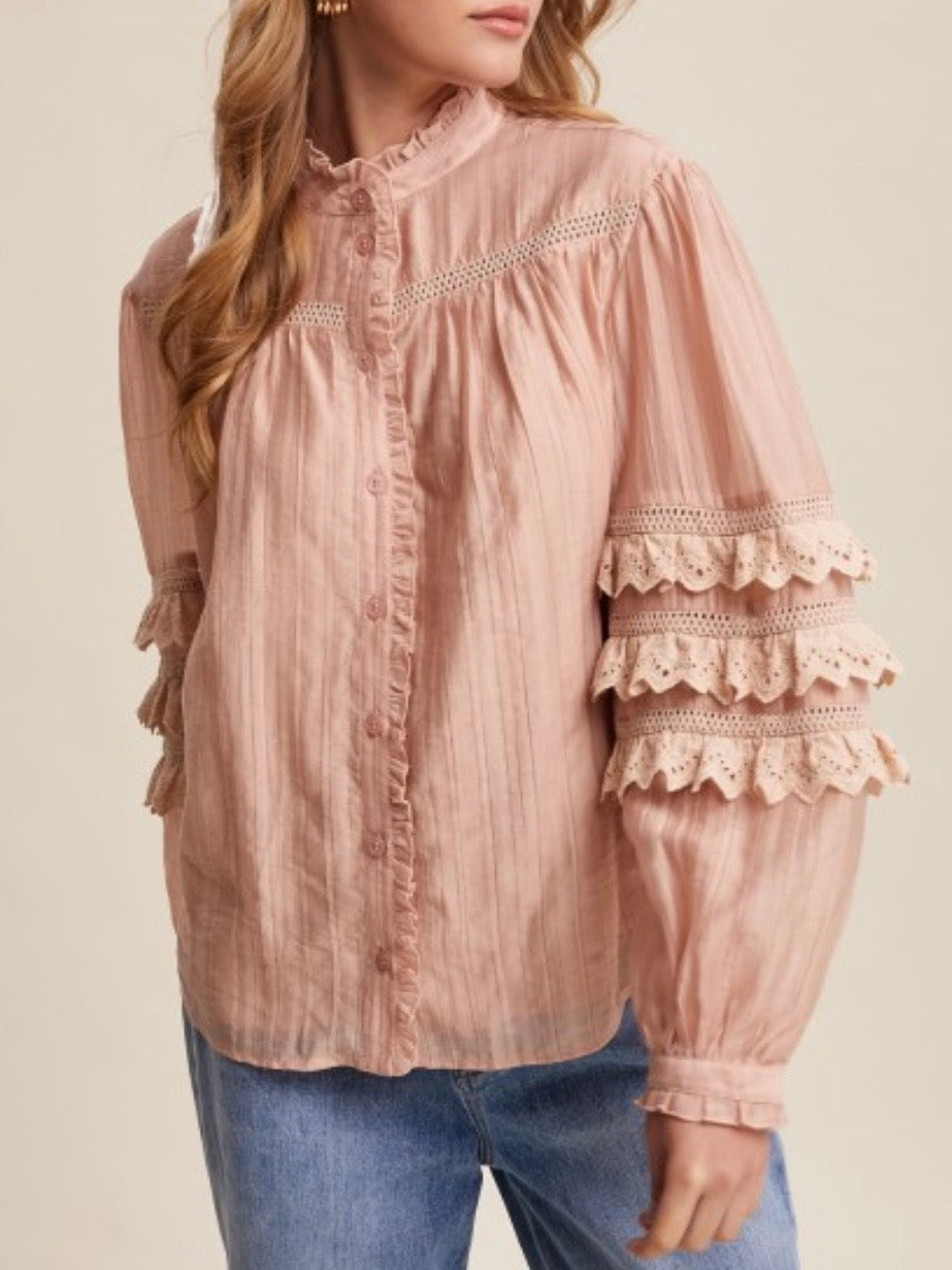 Rose embroidered ruffle bomber long sleeves shirt