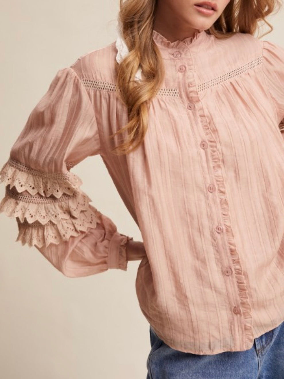 Rose embroidered ruffle bomber long sleeves shirt