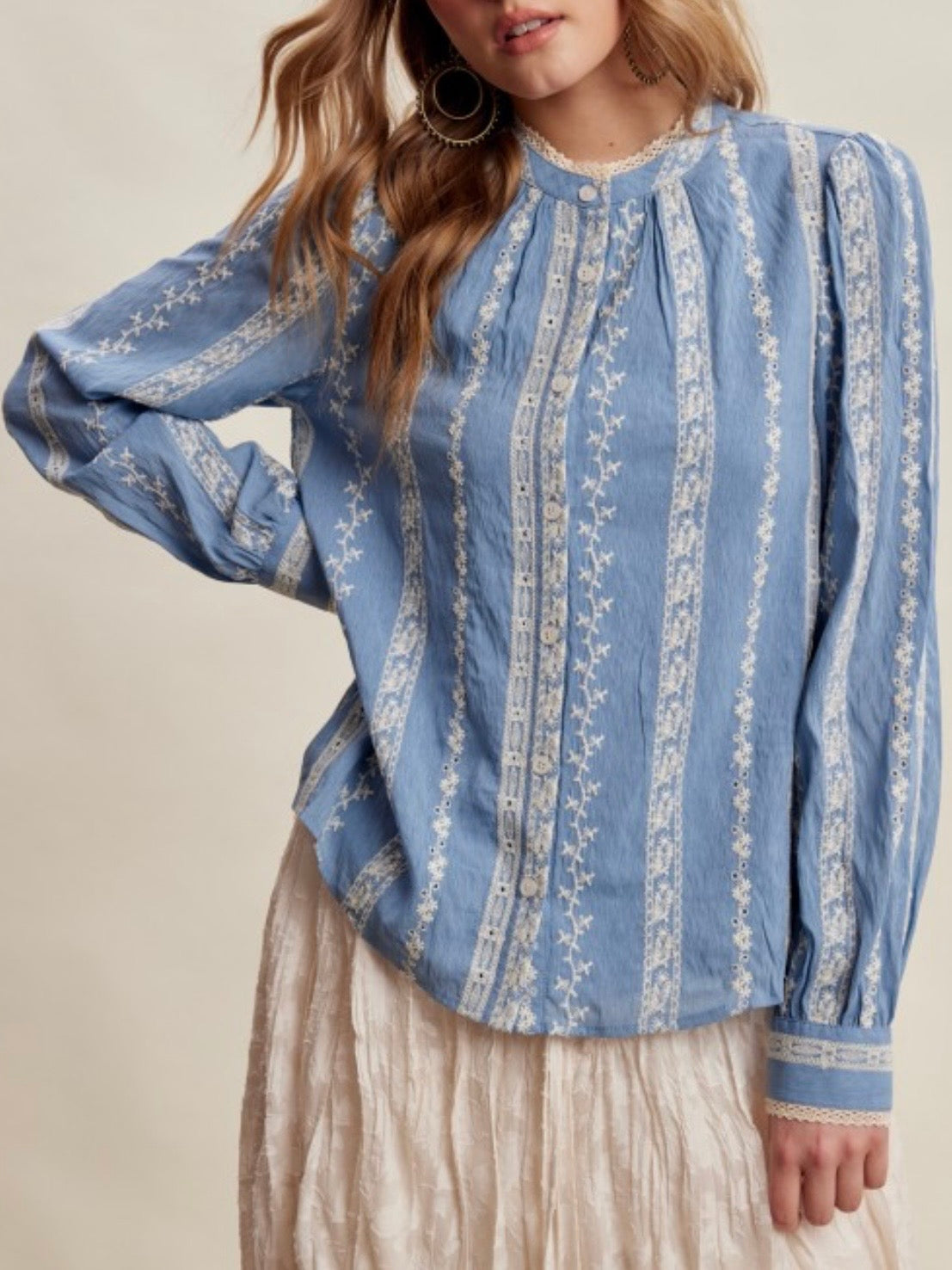 Blue embroidered floral long sleeves shirt