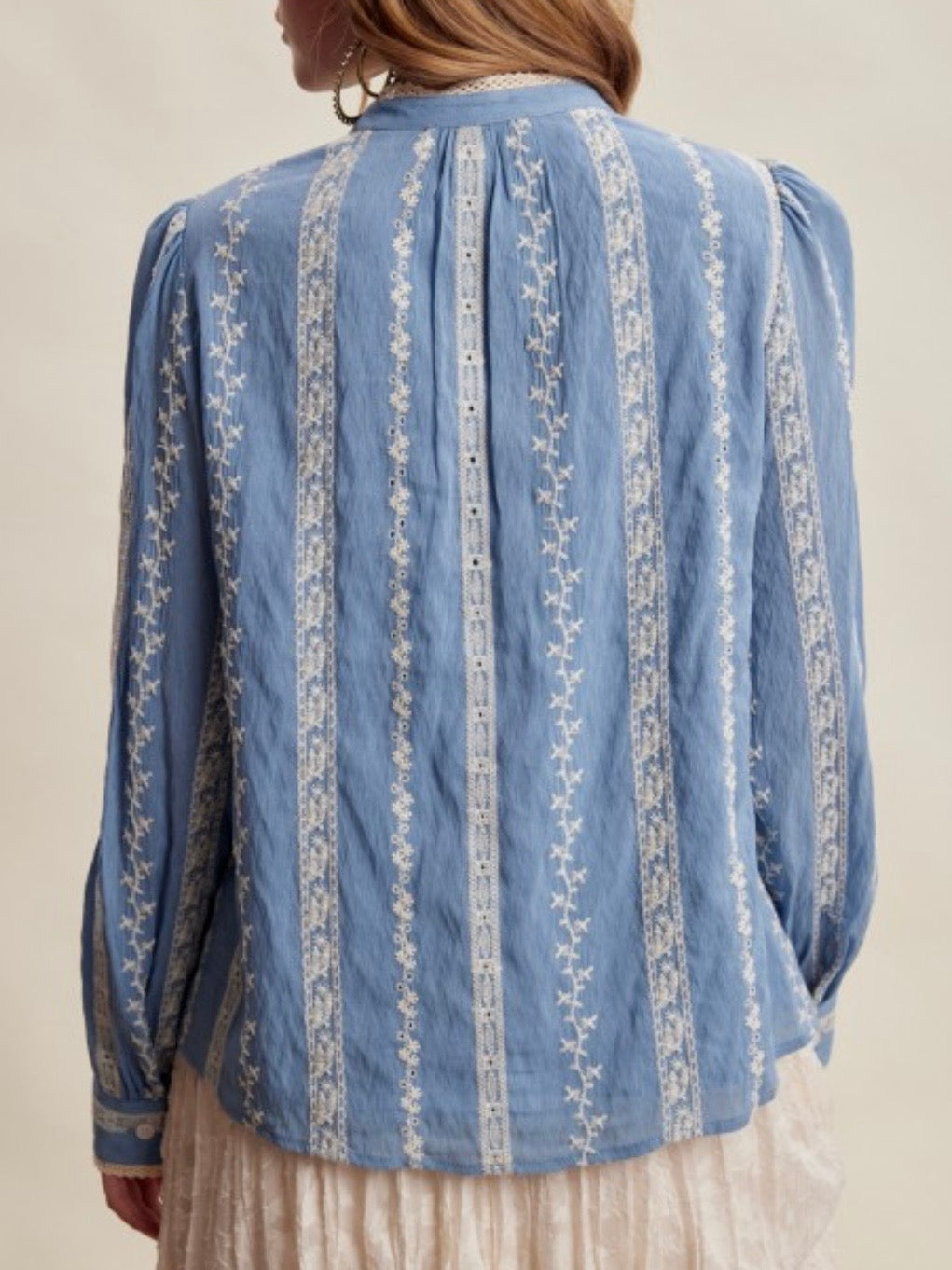 Blue embroidered floral long sleeves shirt