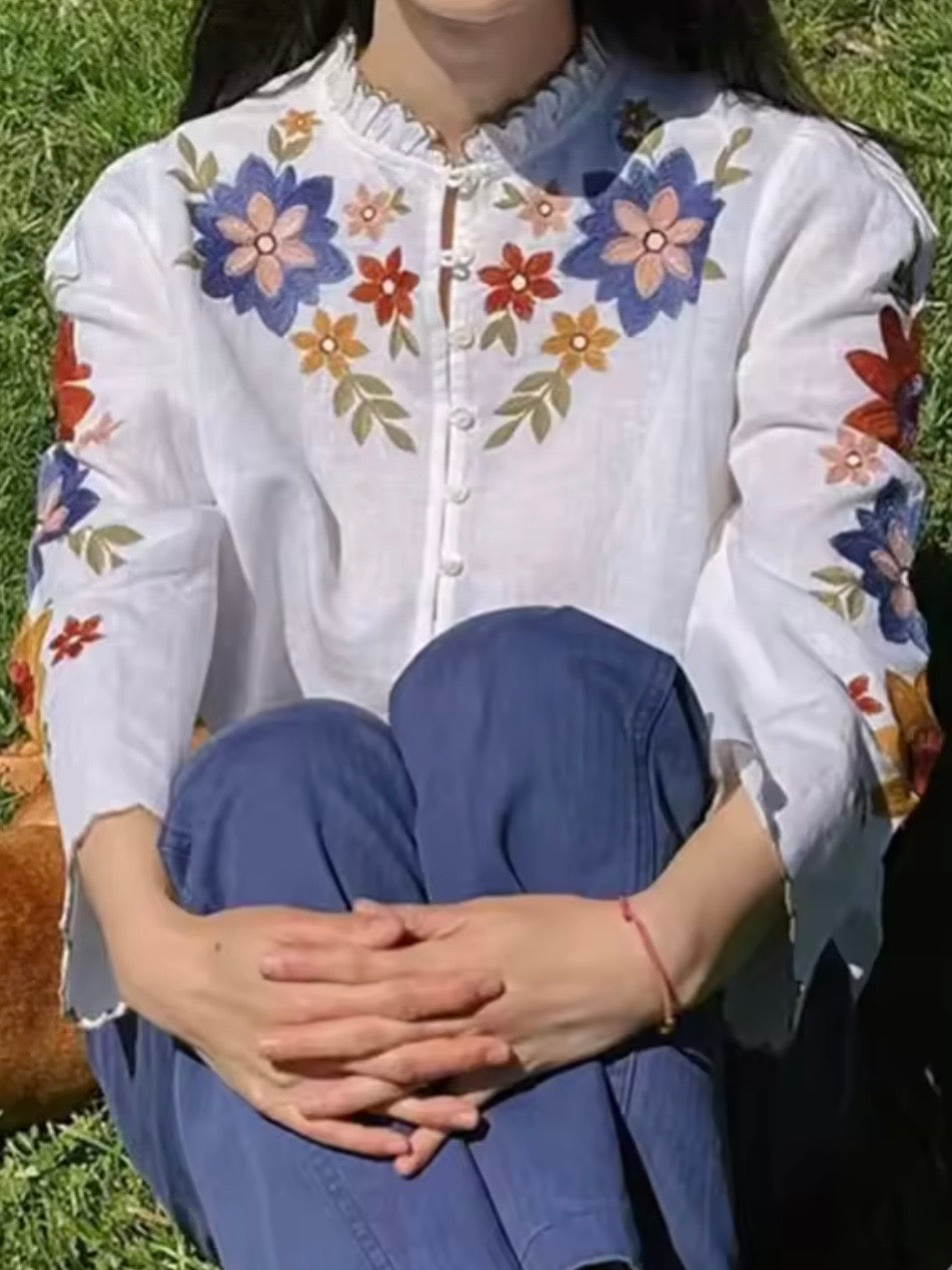 White floral long sleeves blouse top