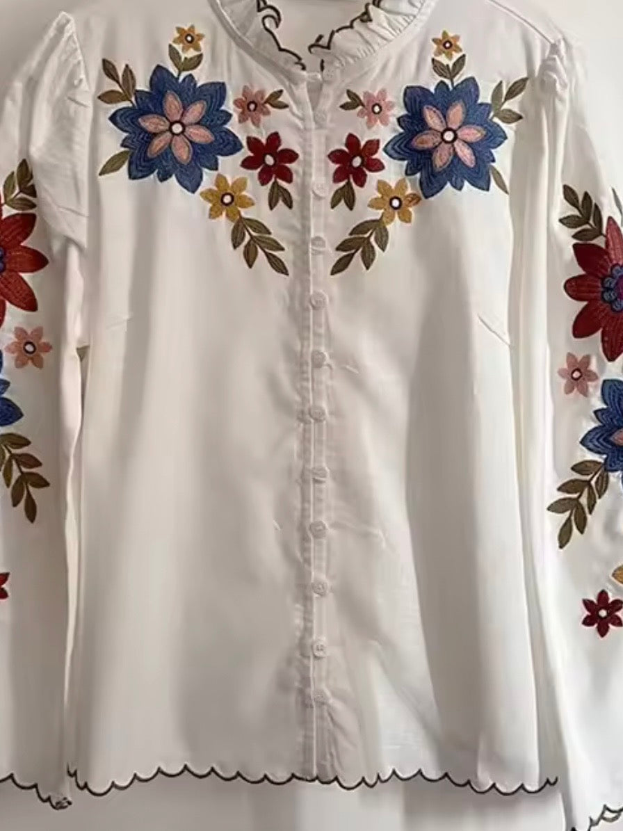 White floral long sleeves blouse top