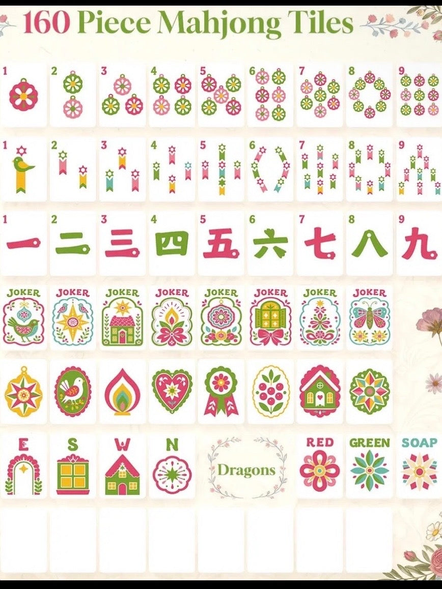 White, green and pink pagodas and birds Mahjong tiles set