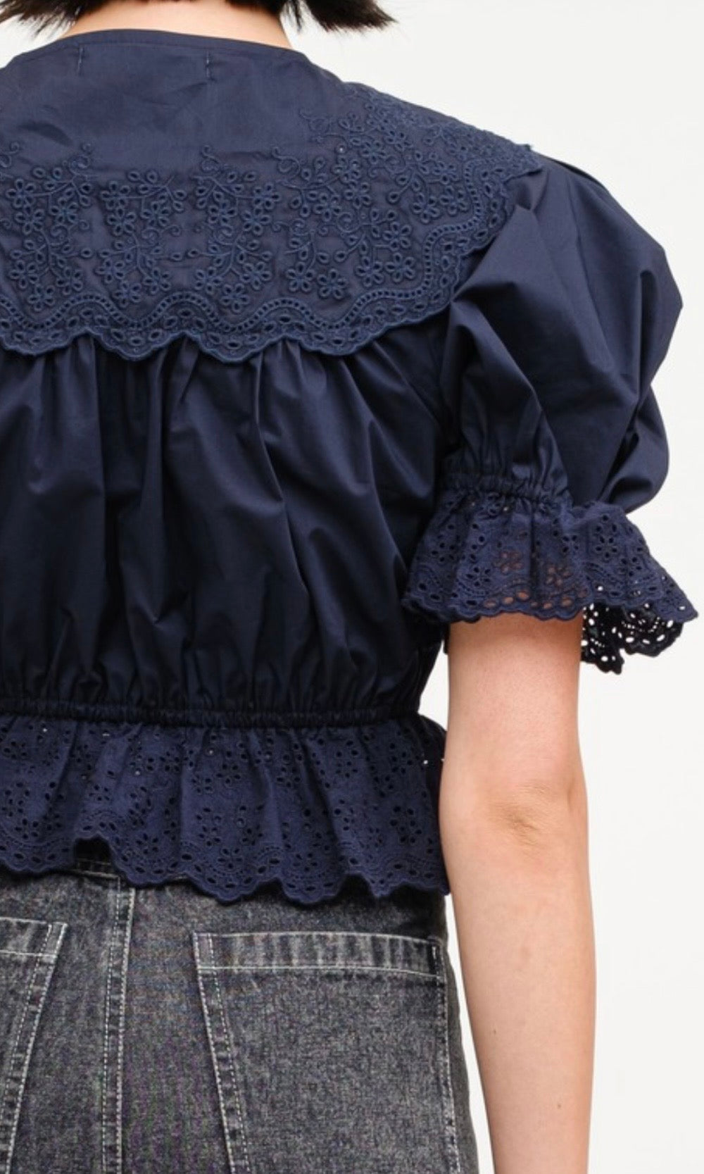 Navy blue embroidered shirt puff sleeve blouse with front ties