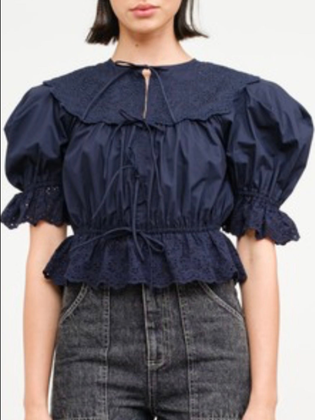 Navy blue embroidered shirt puff sleeve blouse with front ties