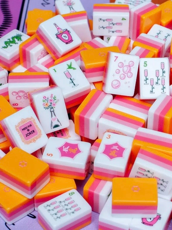Bubbly and champagne orange, fuchsia and white Mahjong tiles set