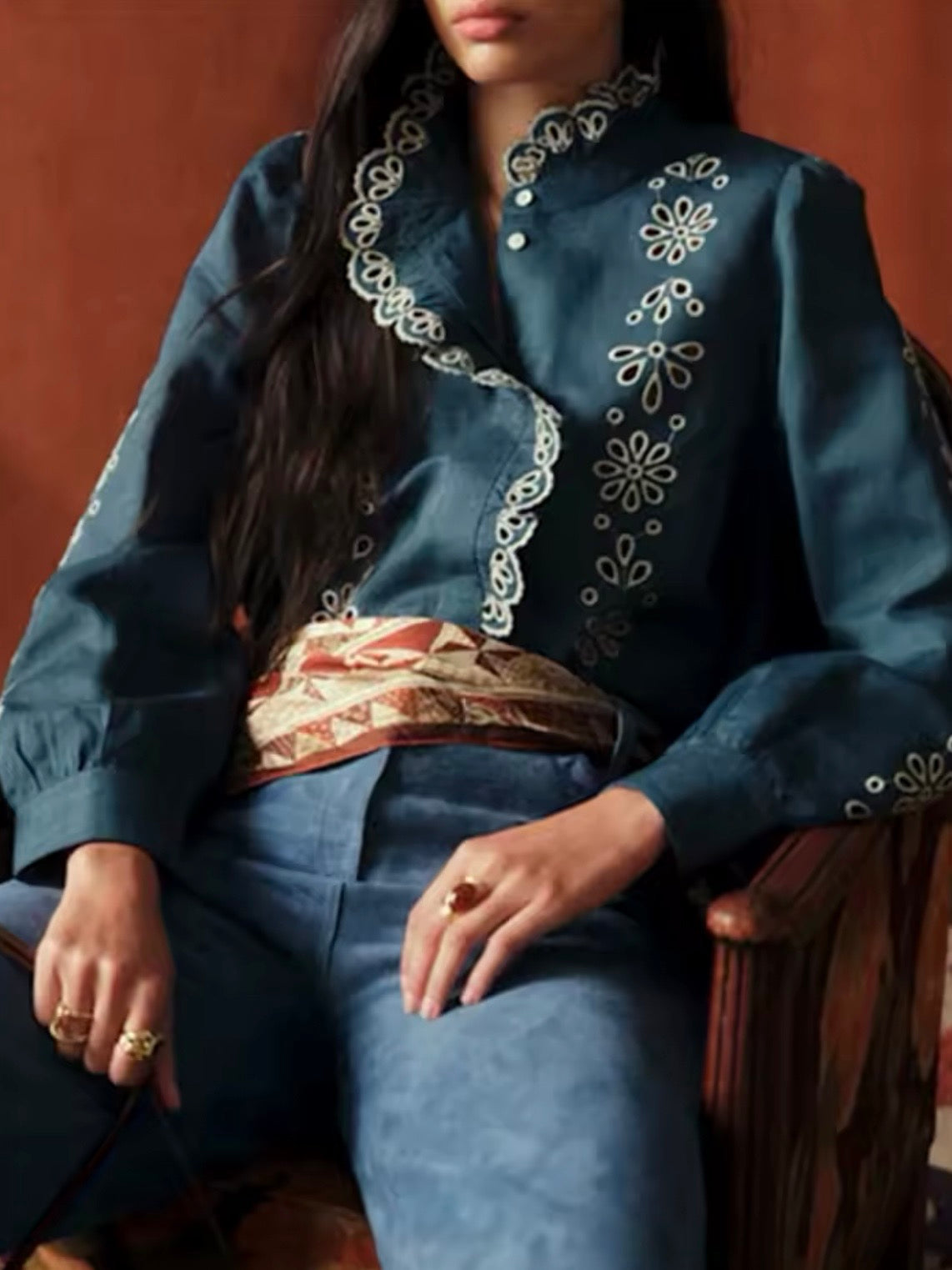 Blue and white floral embroidered cutout detail sleeves shirt)