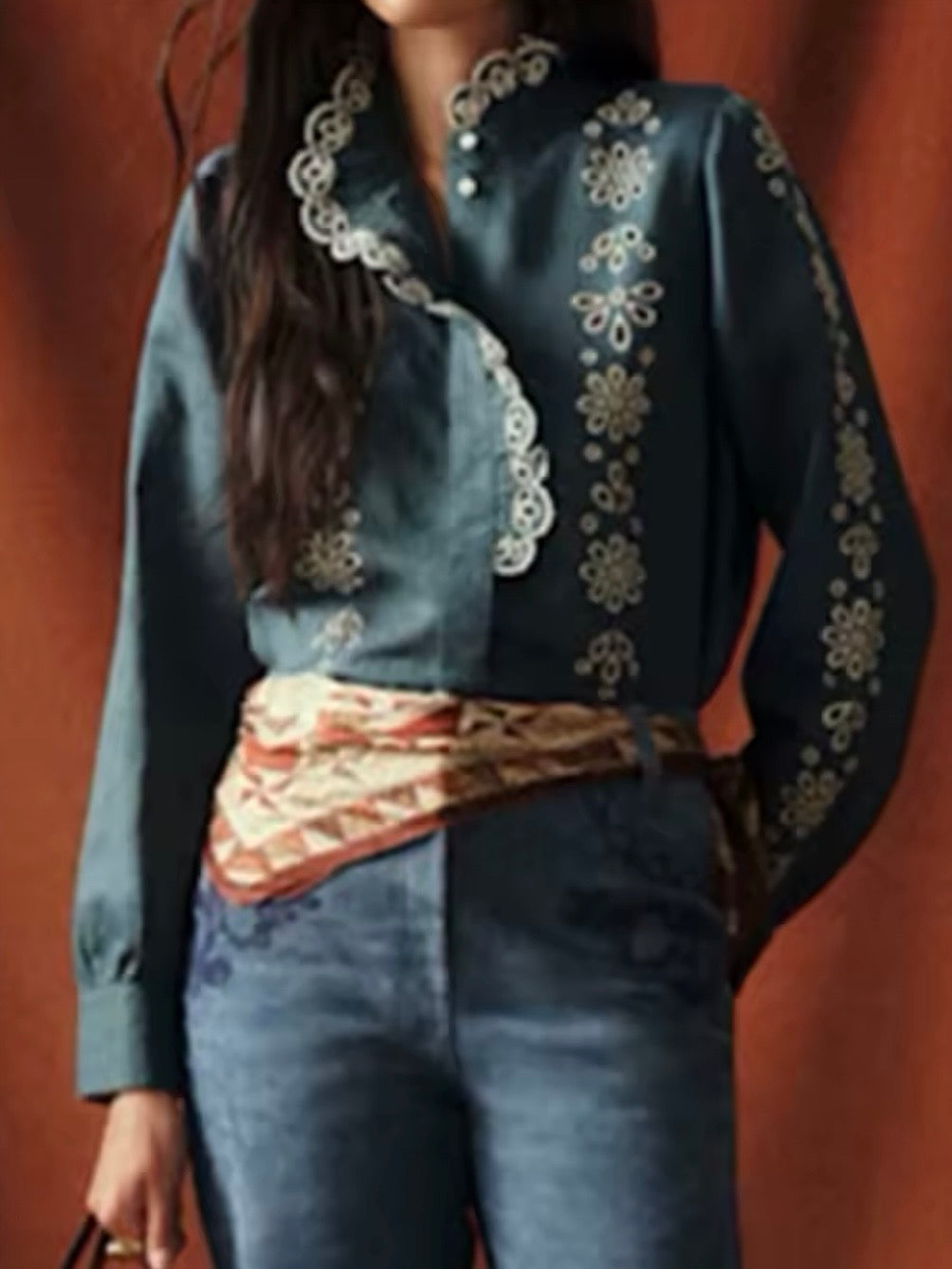 Blue and white floral embroidered cutout detail sleeves shirt)