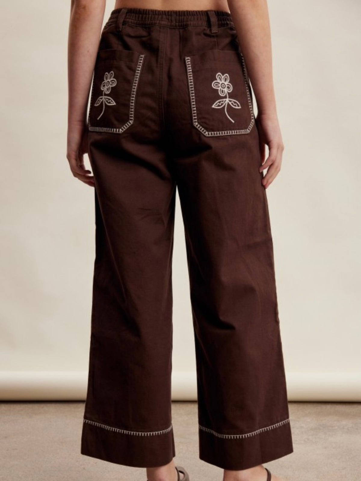 Dark chocolate floral embroidered details straight Capri pants
