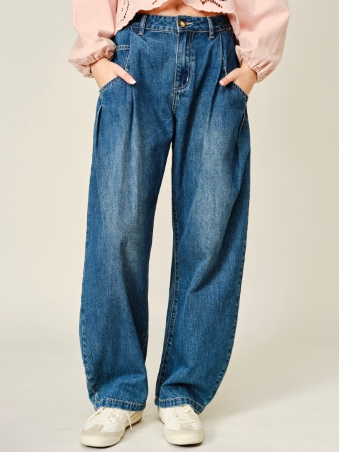 Blue jeans pleated barrel pants