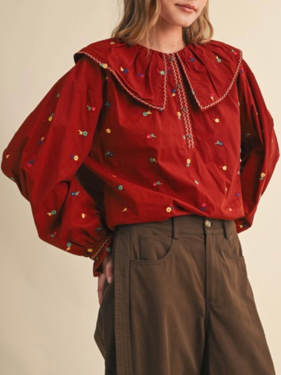 Beige and red long little flowers embroidered bubble sleeves flap neck shirt top