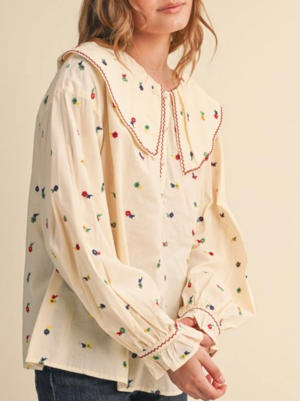 Beige and red long little flowers embroidered bubble sleeves flap neck shirt top