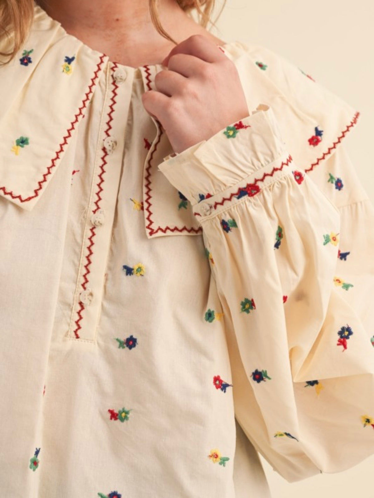 Beige and red long little flowers embroidered bubble sleeves flap neck shirt top