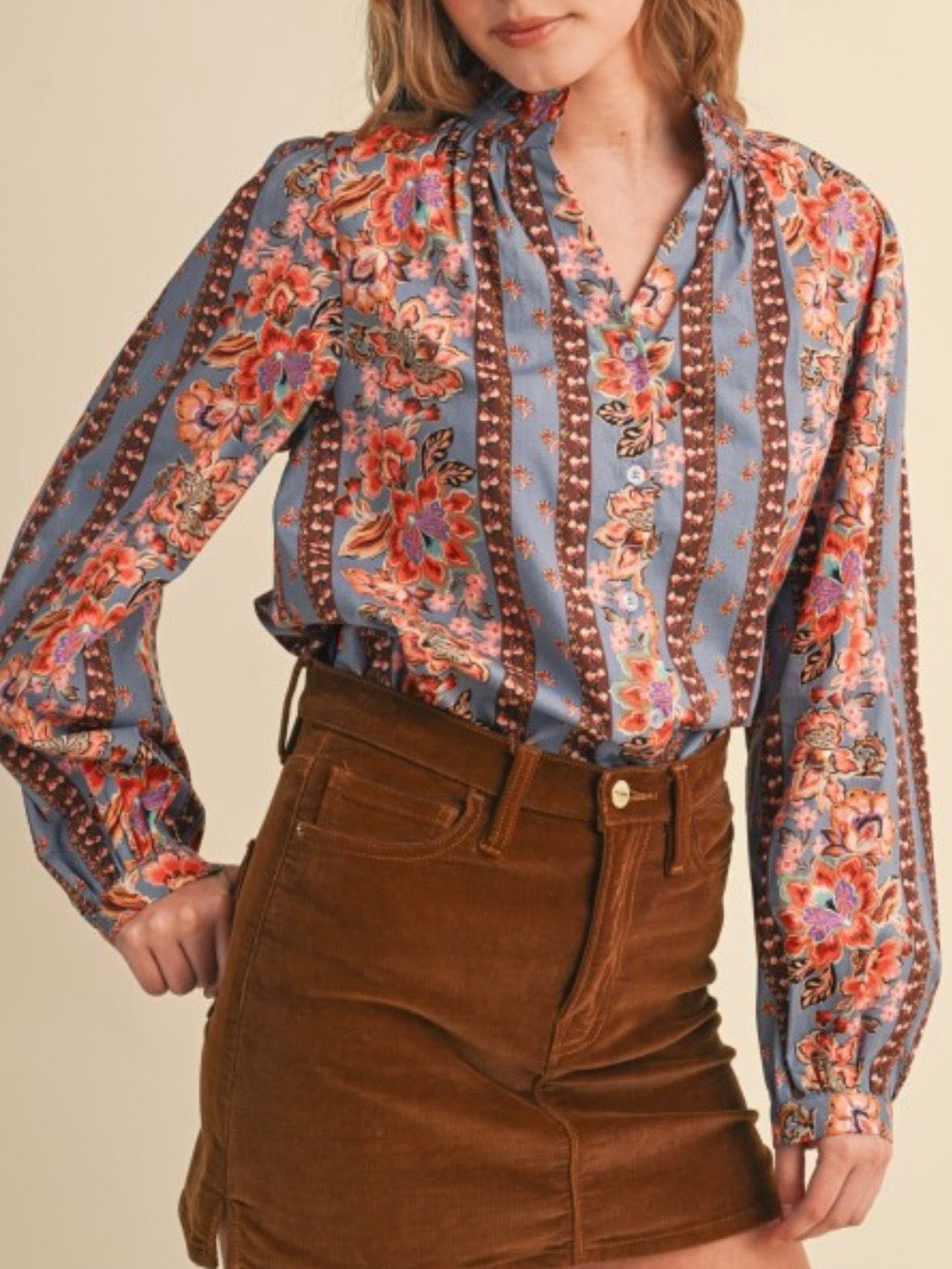 Blue and brown floral pattern print long sleeves shirt top