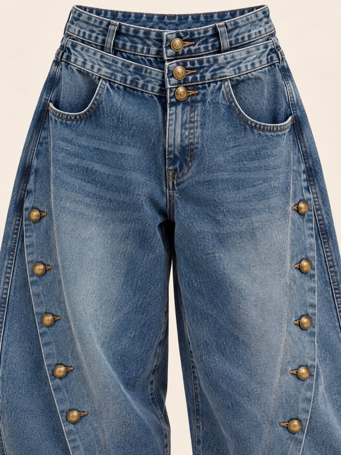 Barrel gold buttons leg details pants