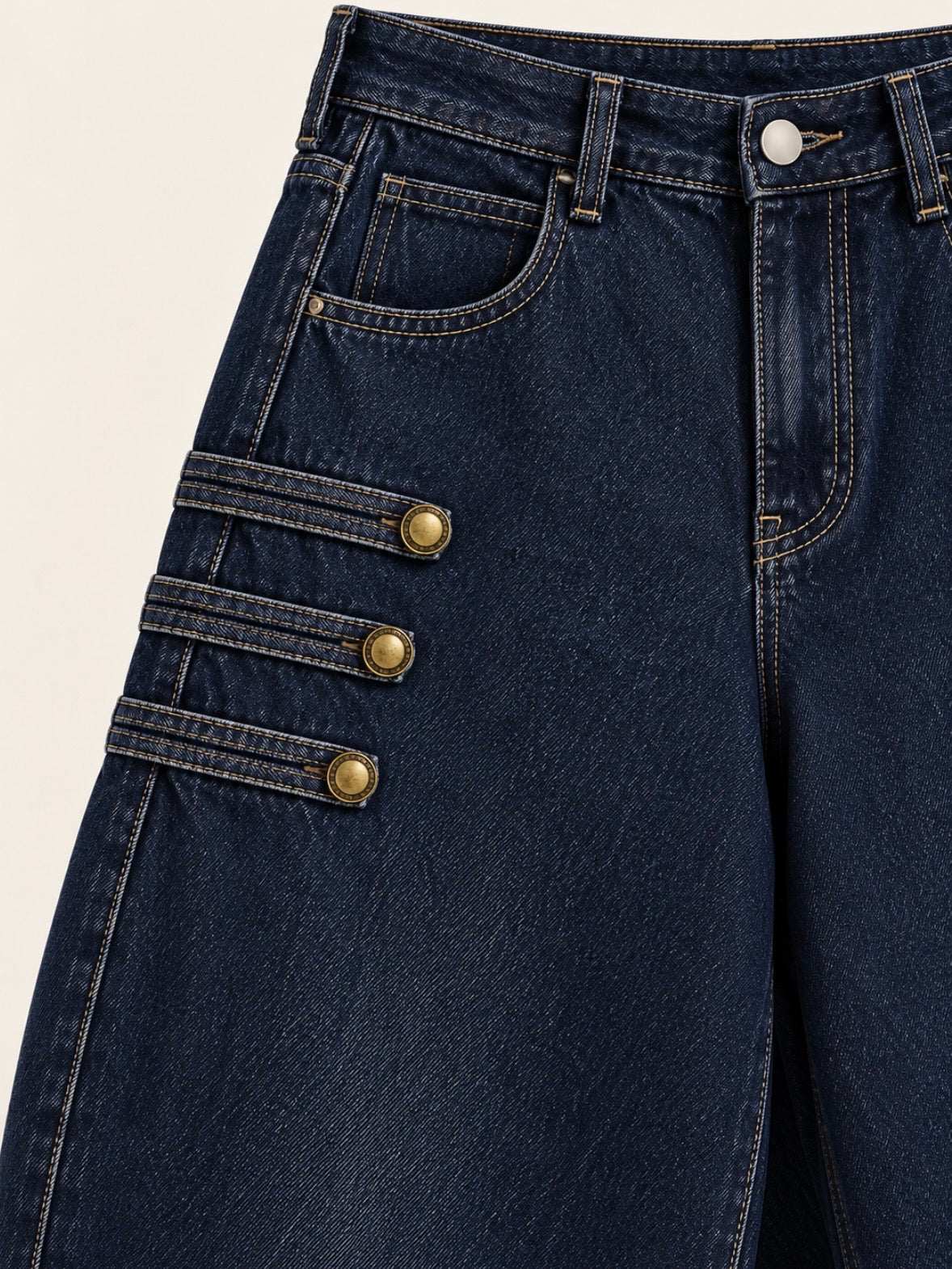 Barrel seams gold studded buttons details pants