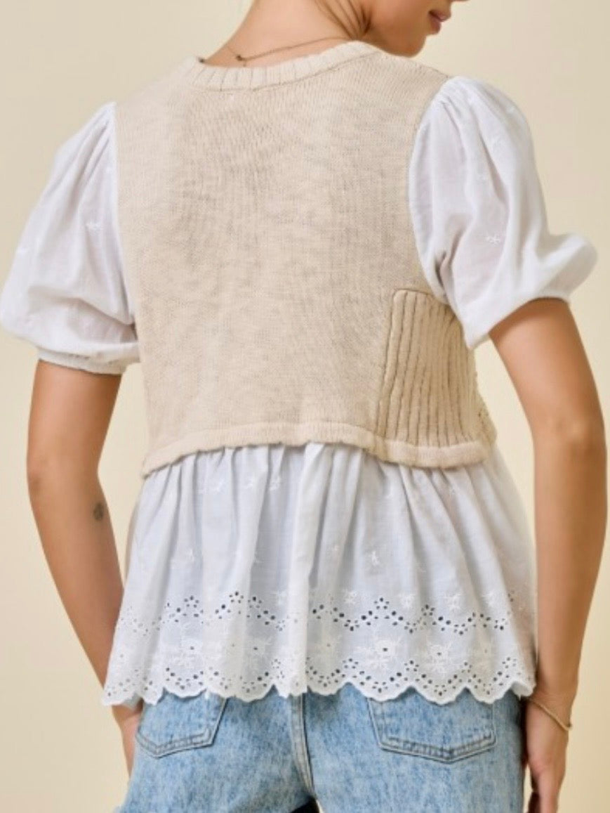 White shirt and beige pullover two layers embroidered texture top