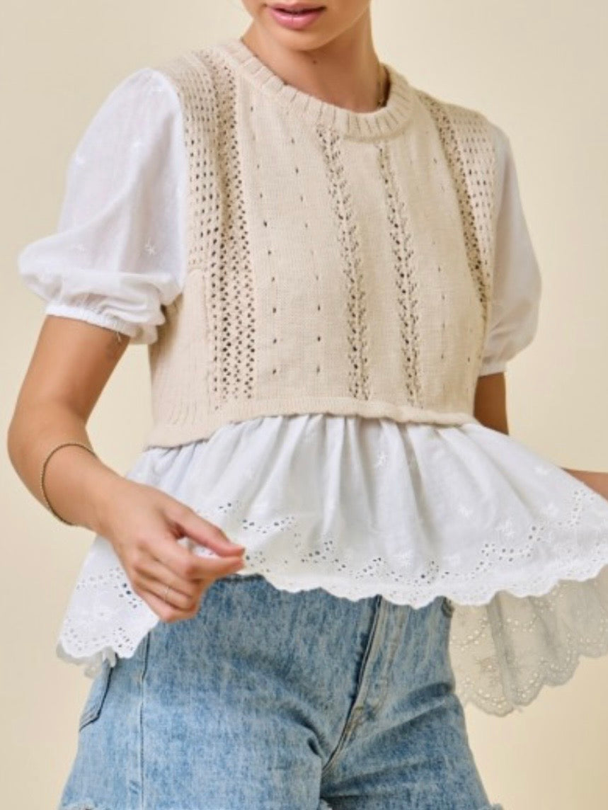 White shirt and beige pullover two layers embroidered texture top