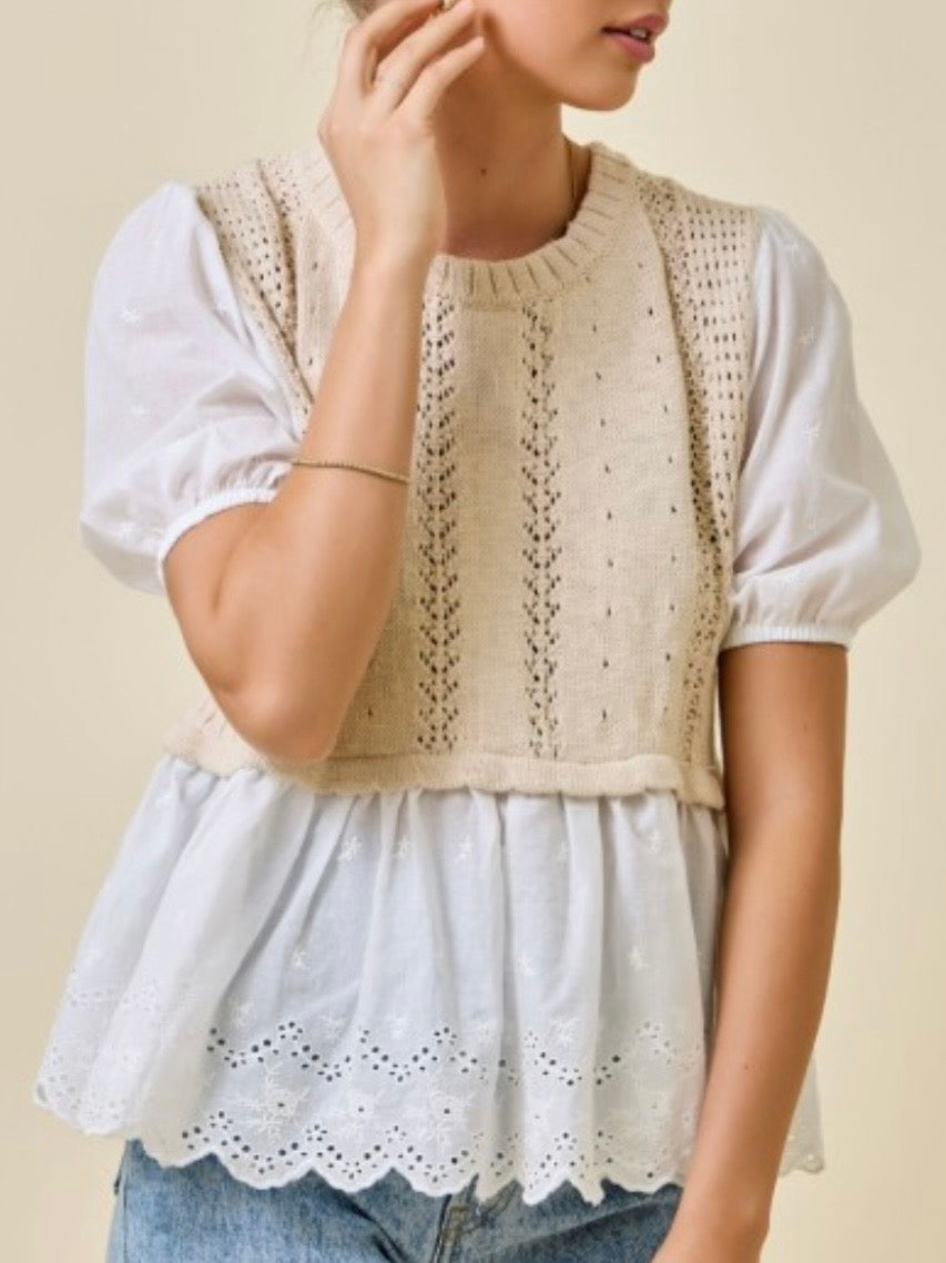 White shirt and beige pullover two layers embroidered texture top