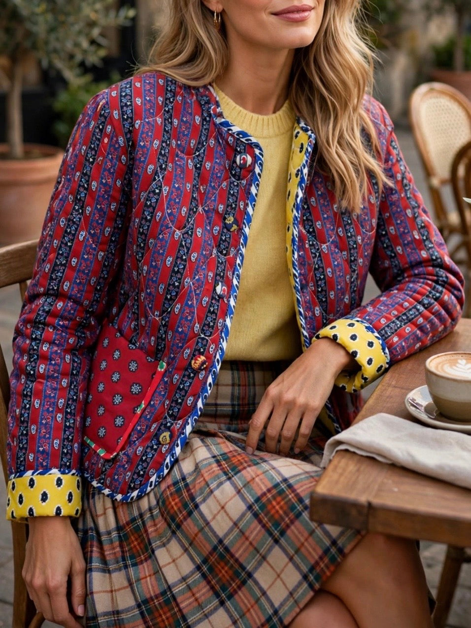 Red and yellow reversible quilted jacket white floral printed details