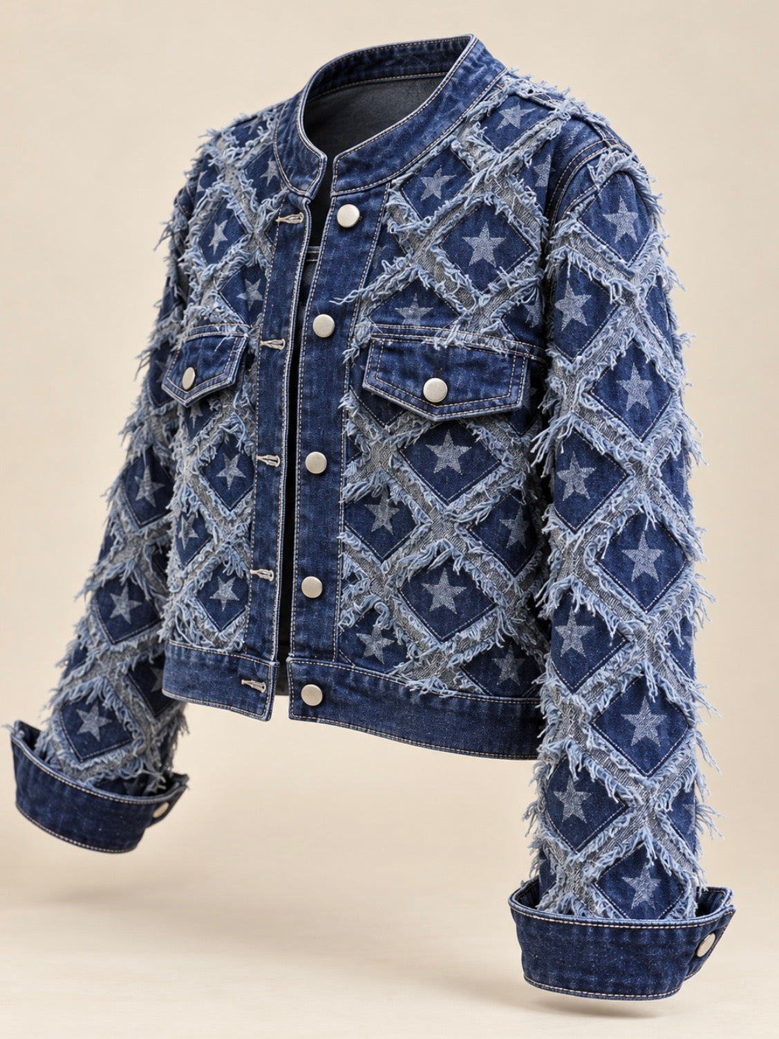 Blue jeans patched white stars frayed hem details jacket