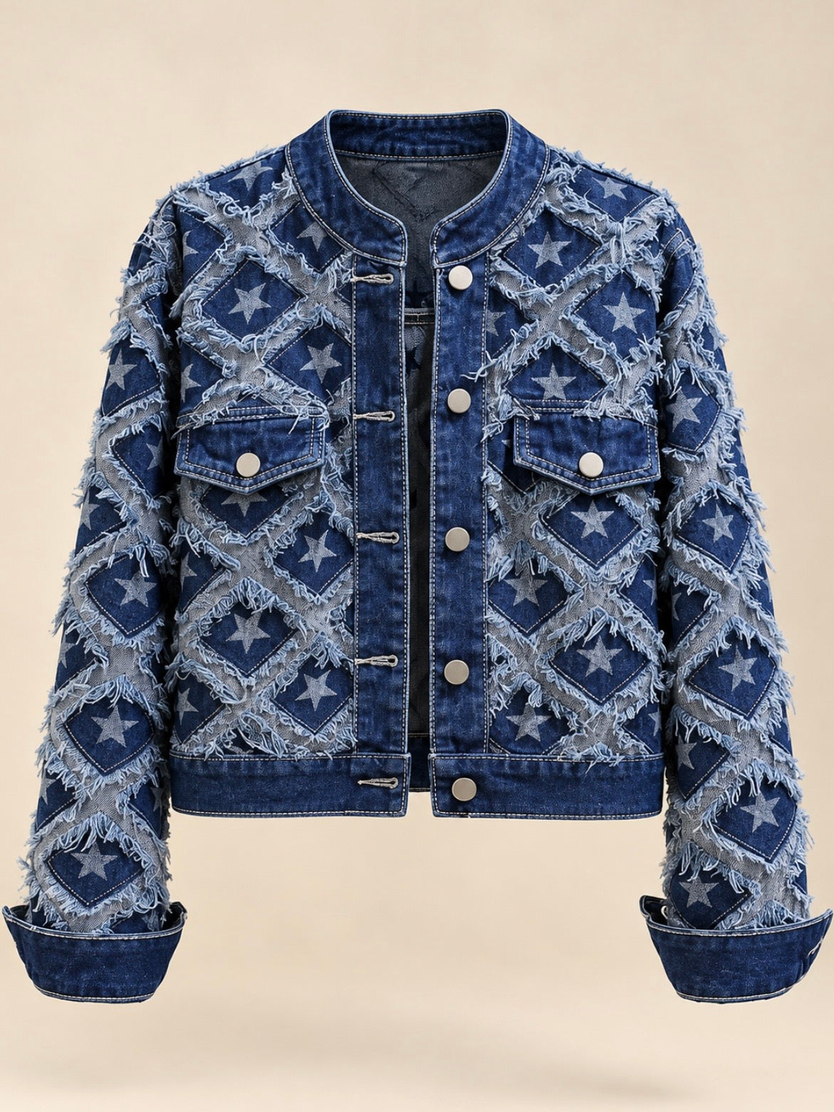 Blue jeans patched white stars frayed hem details jacket