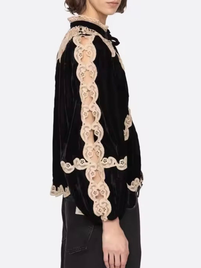 Black and beige Romantic Wide loose fit lace blouse with balloon sleeves (Copy)