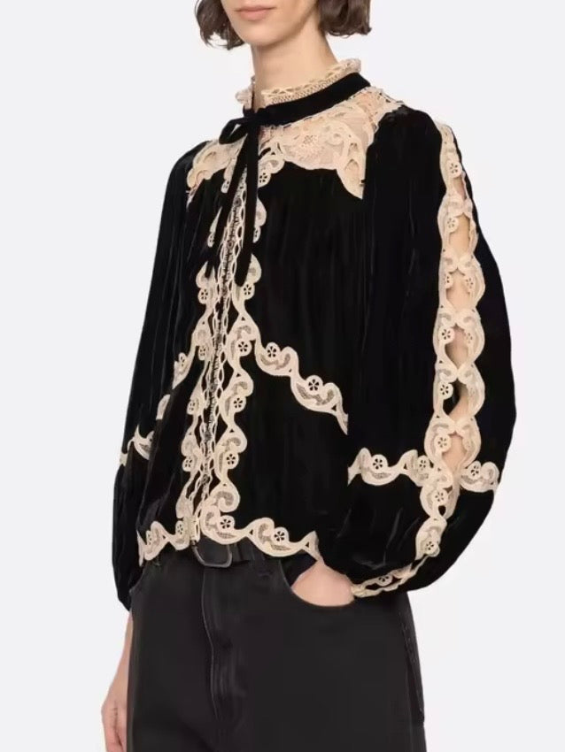 Black and beige Romantic Wide loose fit lace blouse with balloon sleeves (Copy)