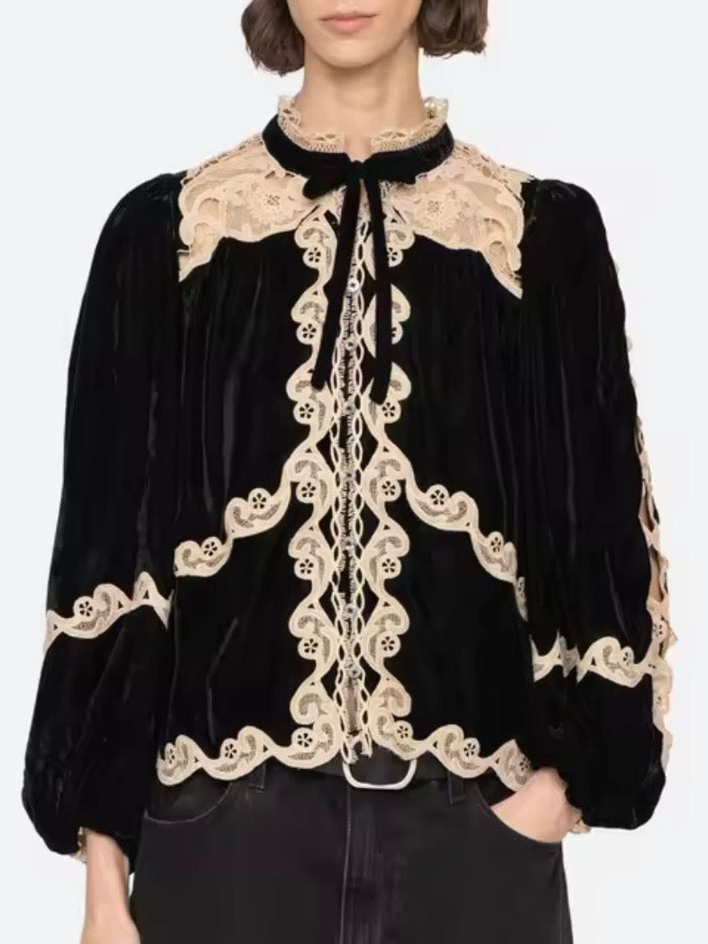 Black and beige Romantic Wide loose fit lace blouse with balloon sleeves (Copy)