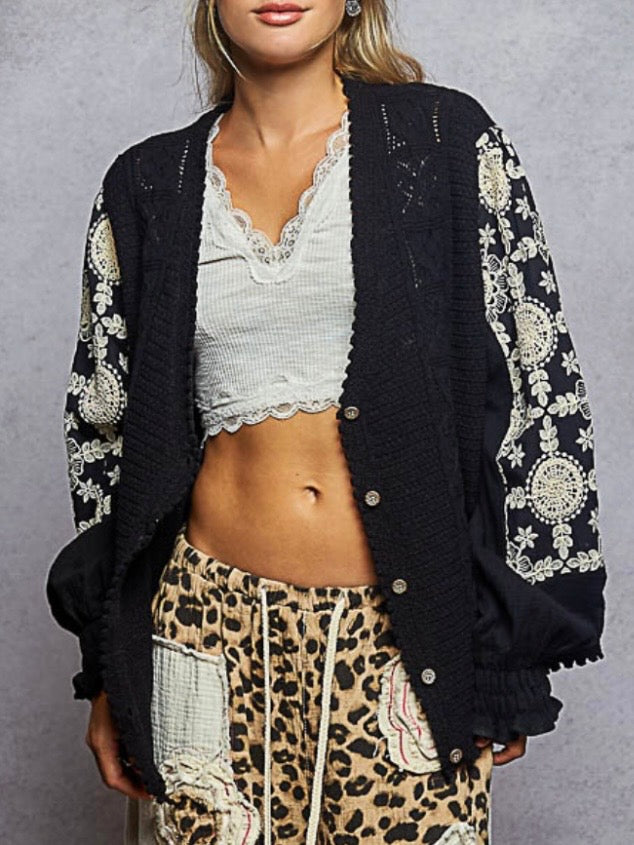 Black and white Flowers sleeves detail cardigan knitted sweater