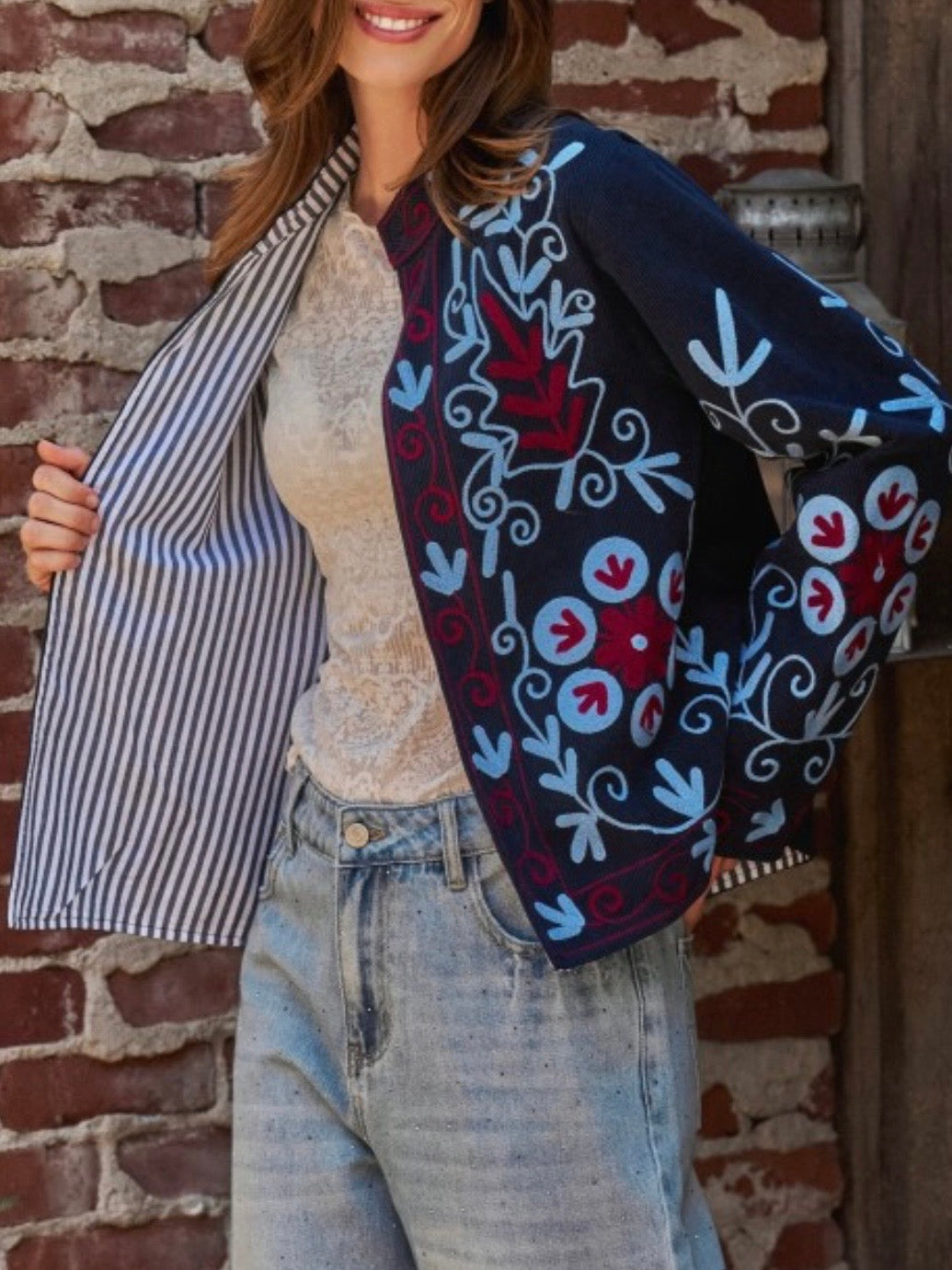 Navy Blue corduroy jacket light blue floral details