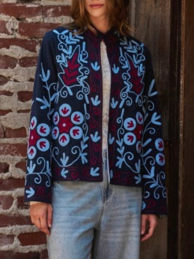 Navy Blue corduroy jacket light blue floral details