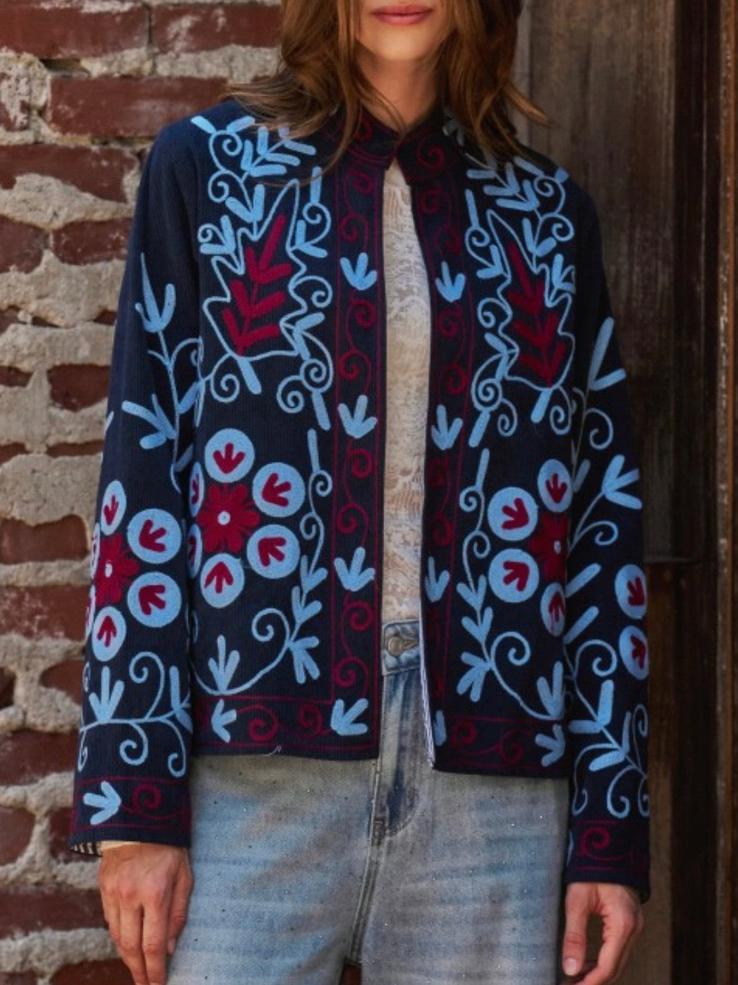 Navy Blue corduroy jacket light blue floral details