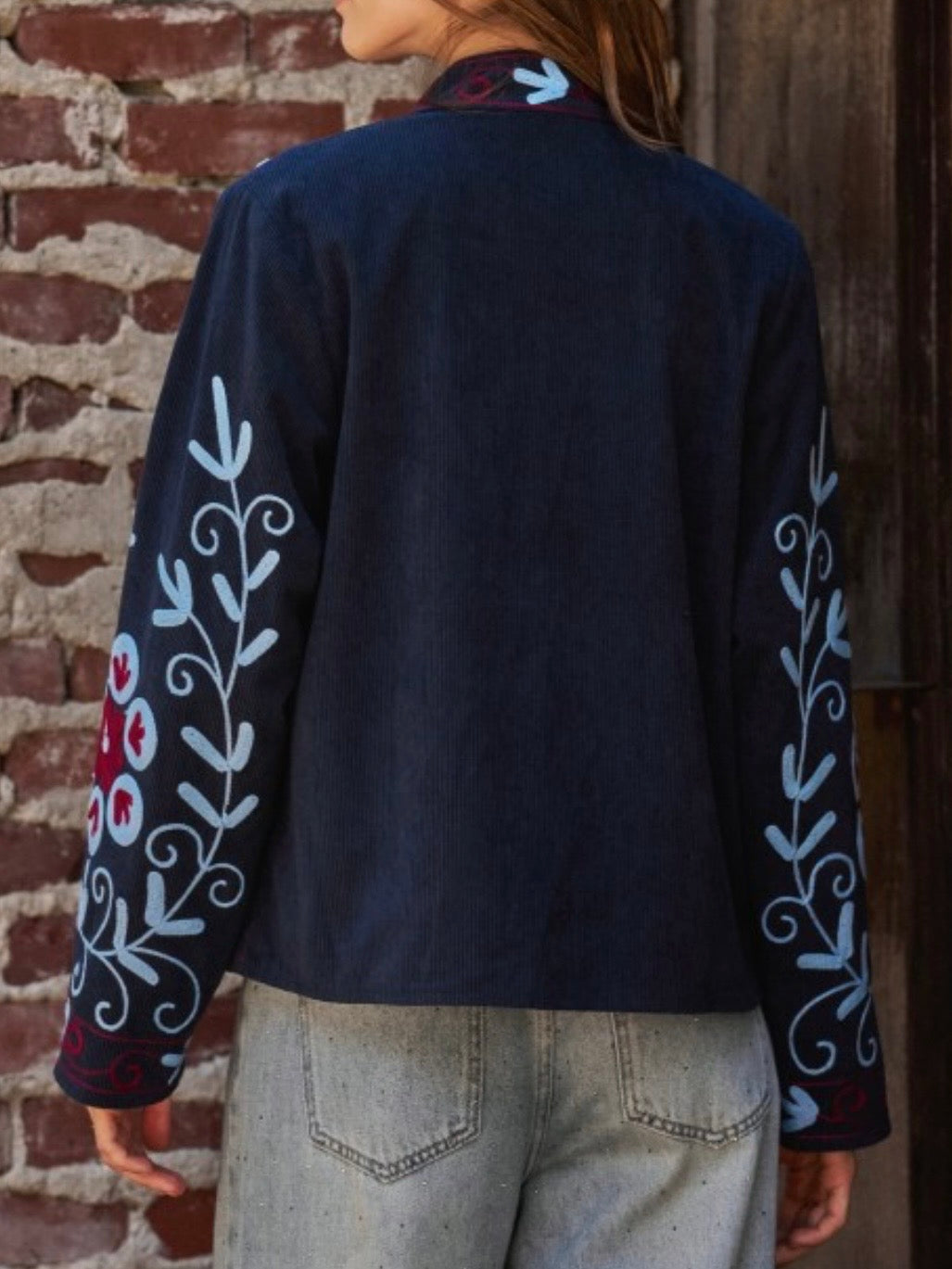 Navy Blue corduroy jacket light blue floral details