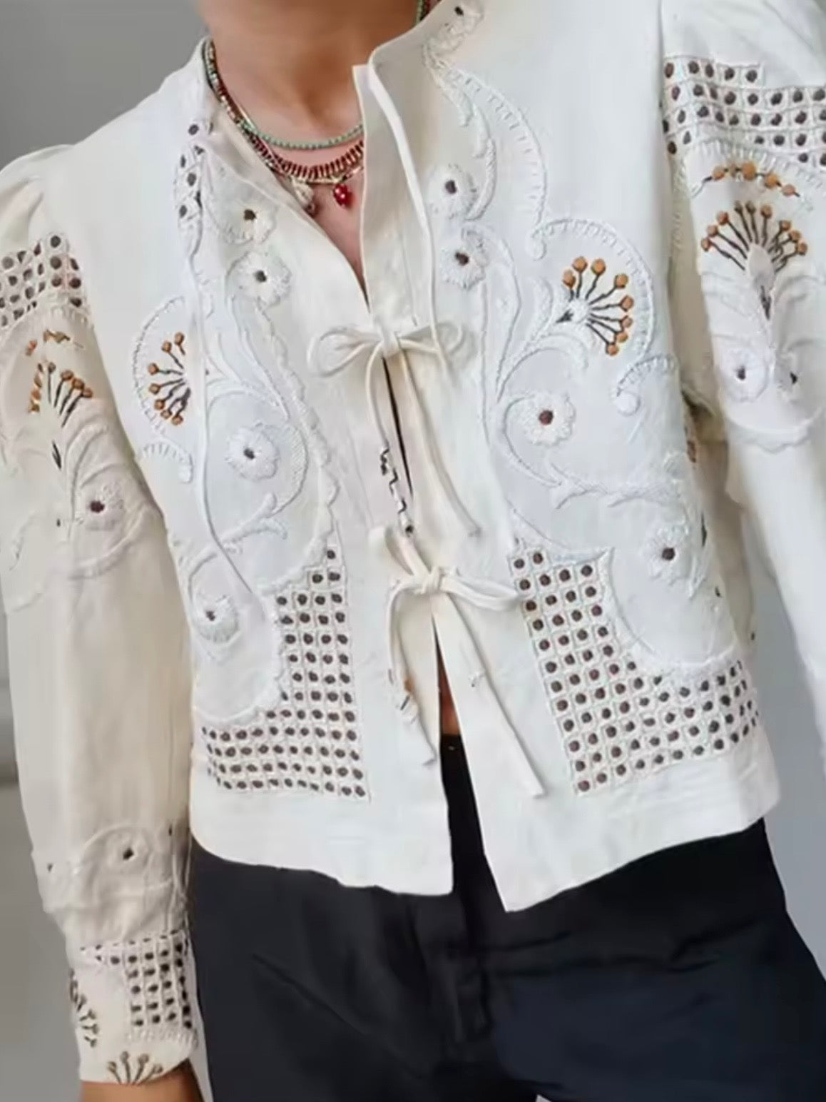 Beige floral embroidered long sleeves shirt