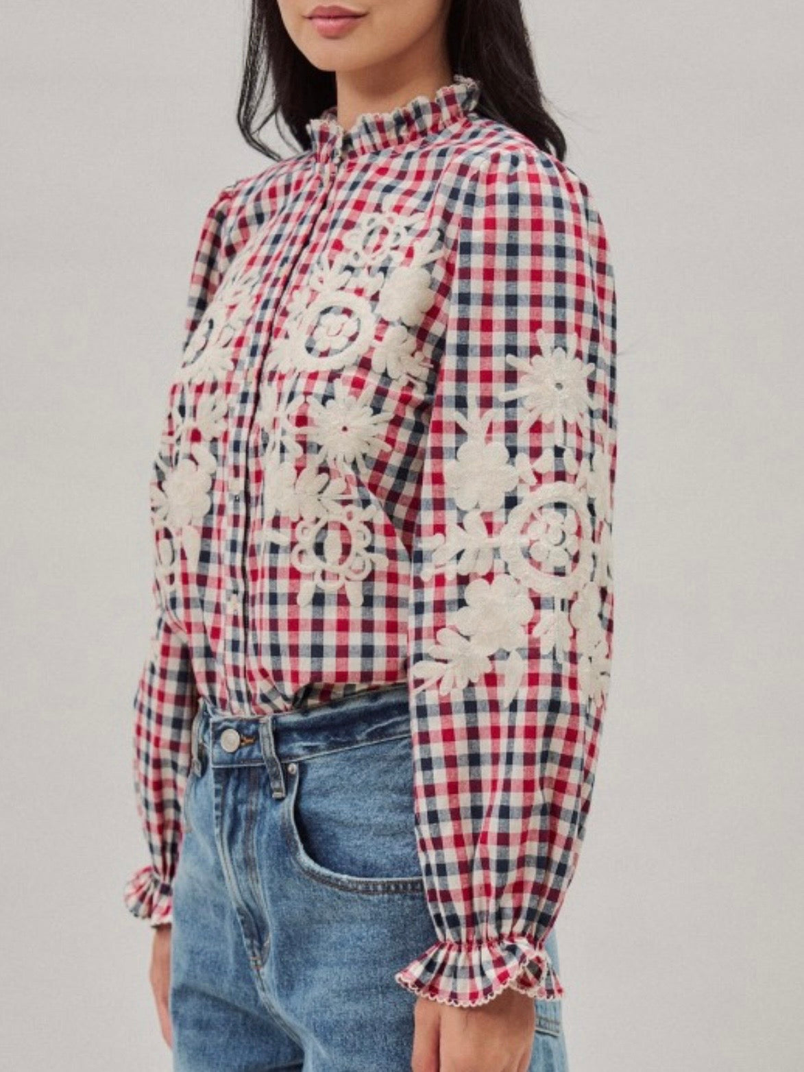 Blue and red floral embroidered long sleeves shirt blouse