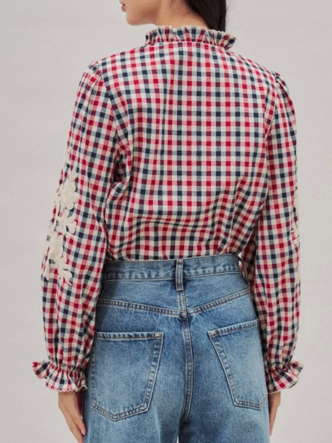 Blue and red floral embroidered long sleeves shirt blouse