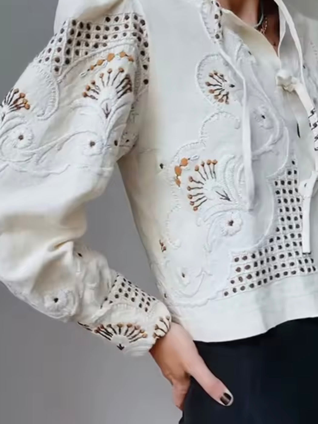 Beige floral embroidered long sleeves shirt