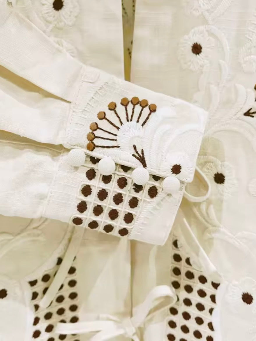 Beige floral embroidered long sleeves shirt