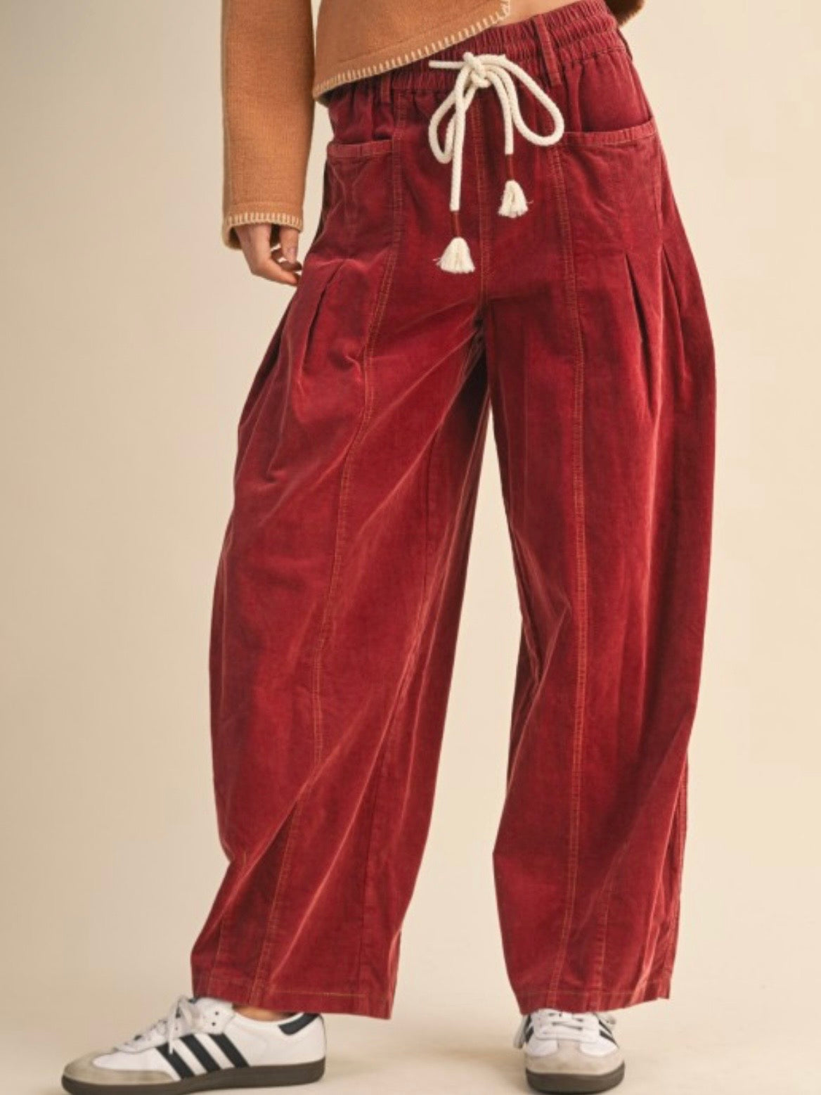 Drawstring Corduroy Barrel Pants in Navy & Red