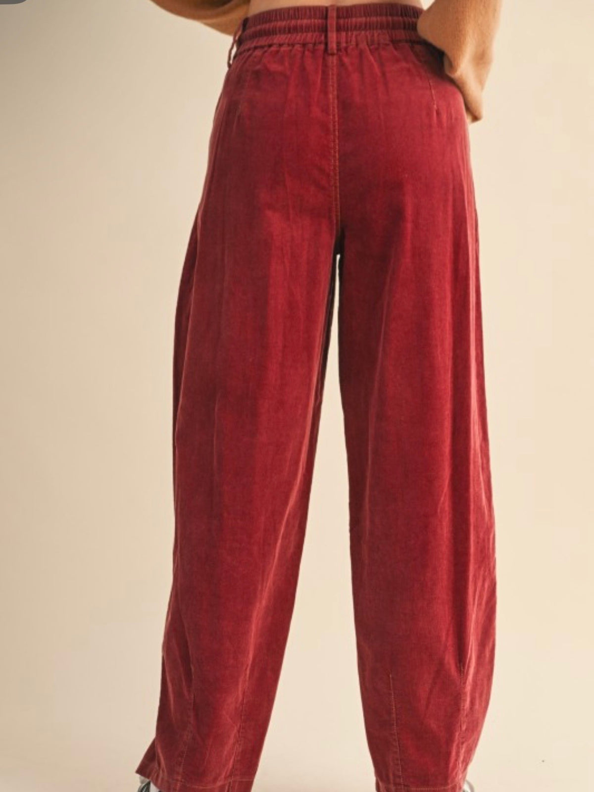 Drawstring Corduroy Barrel Pants in Navy & Red
