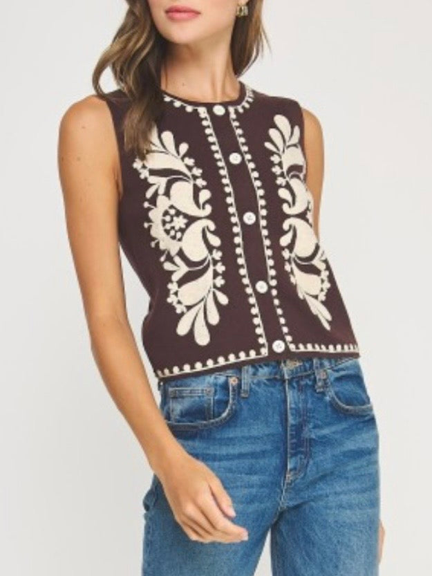 Brown and beige floral Detail Tailored Denim Vest Top