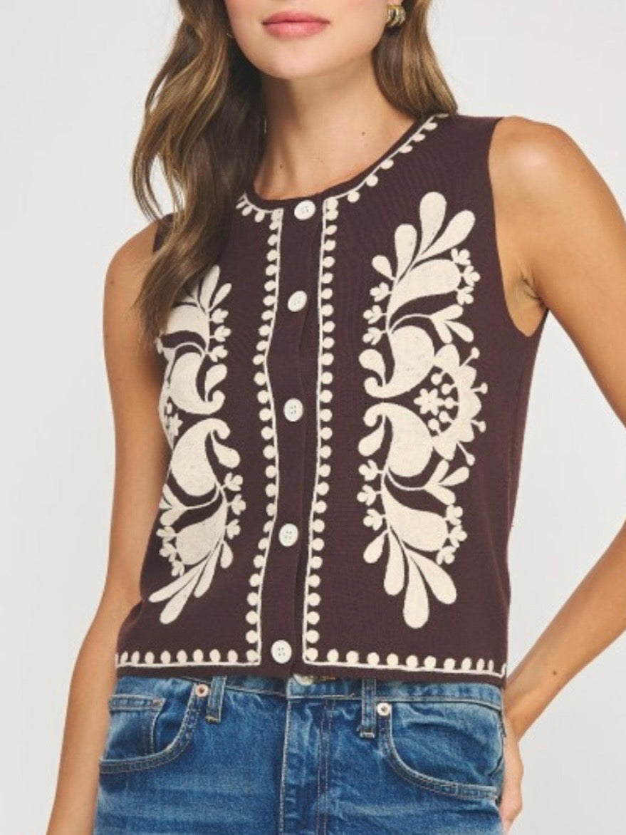 Brown and beige floral Detail Tailored Denim Vest Top