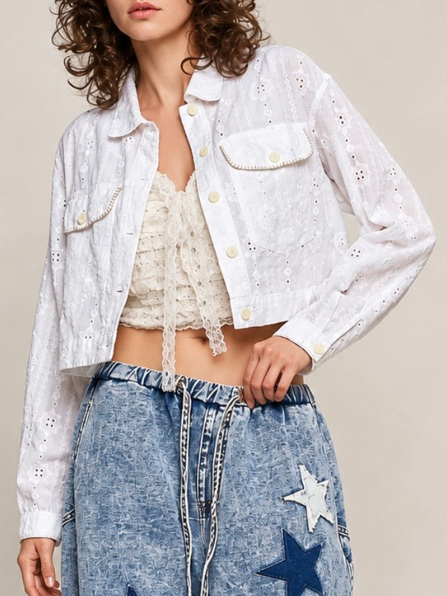Off-White Eyelet Embroidered Cropped Jacket